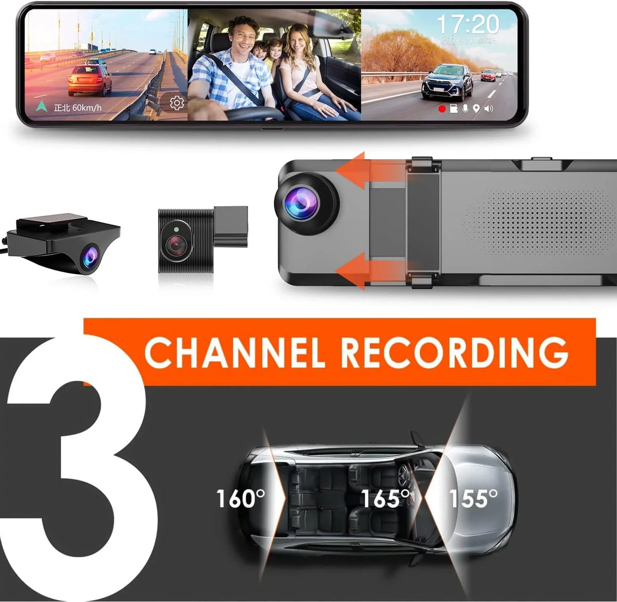 VVCAR 3 Channels Dash Cam 4K GPS 11" Touch Monitor Rear View Mirror Camera for Car Night Vision G-Sensor Parking Monitor 32GB Card