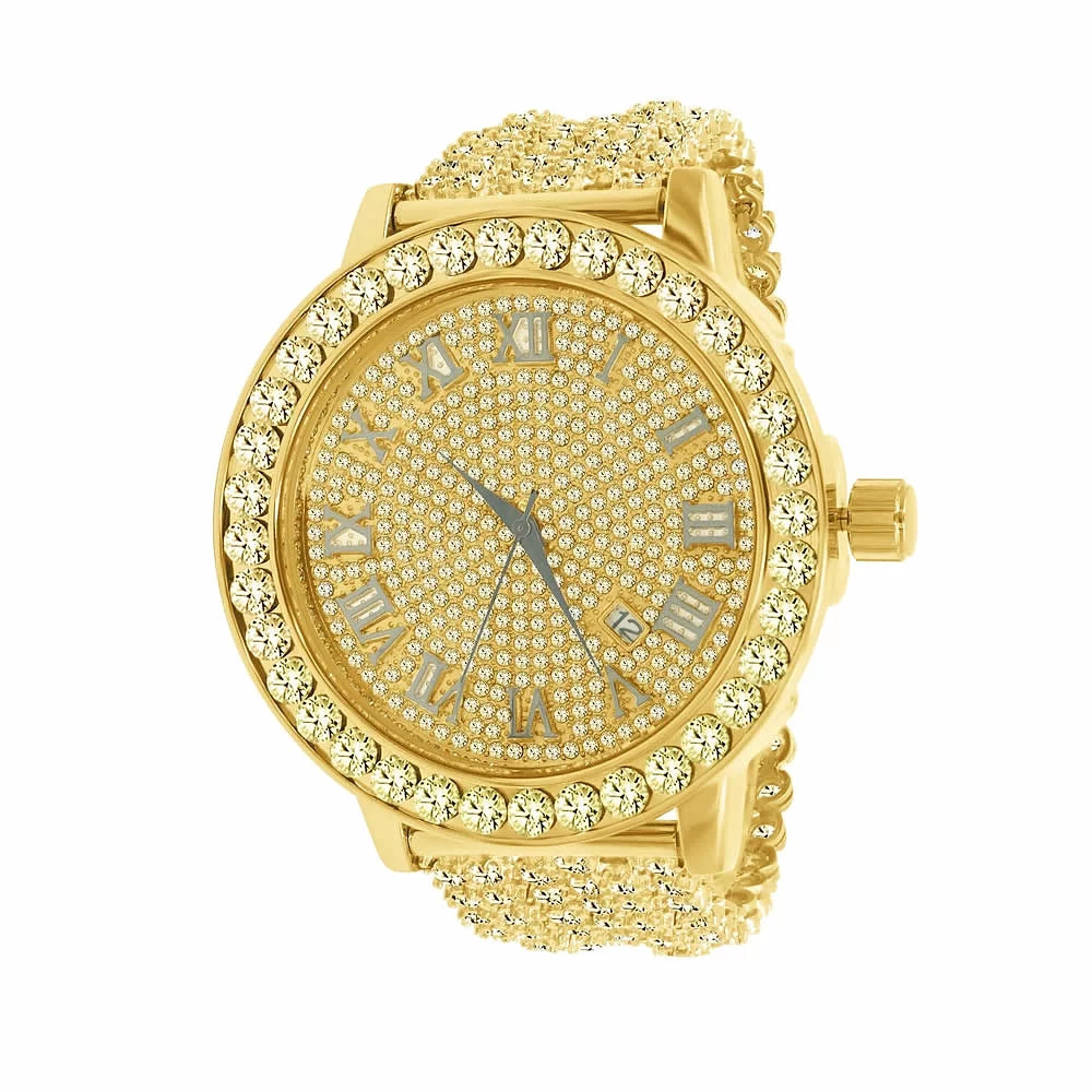 Mens Roman Numerals Watch Lab Diamond Canary Tone Stainless Steel 1 Row Bezel Custom Iced Out Band Khronos Jo Rodeo W/Date