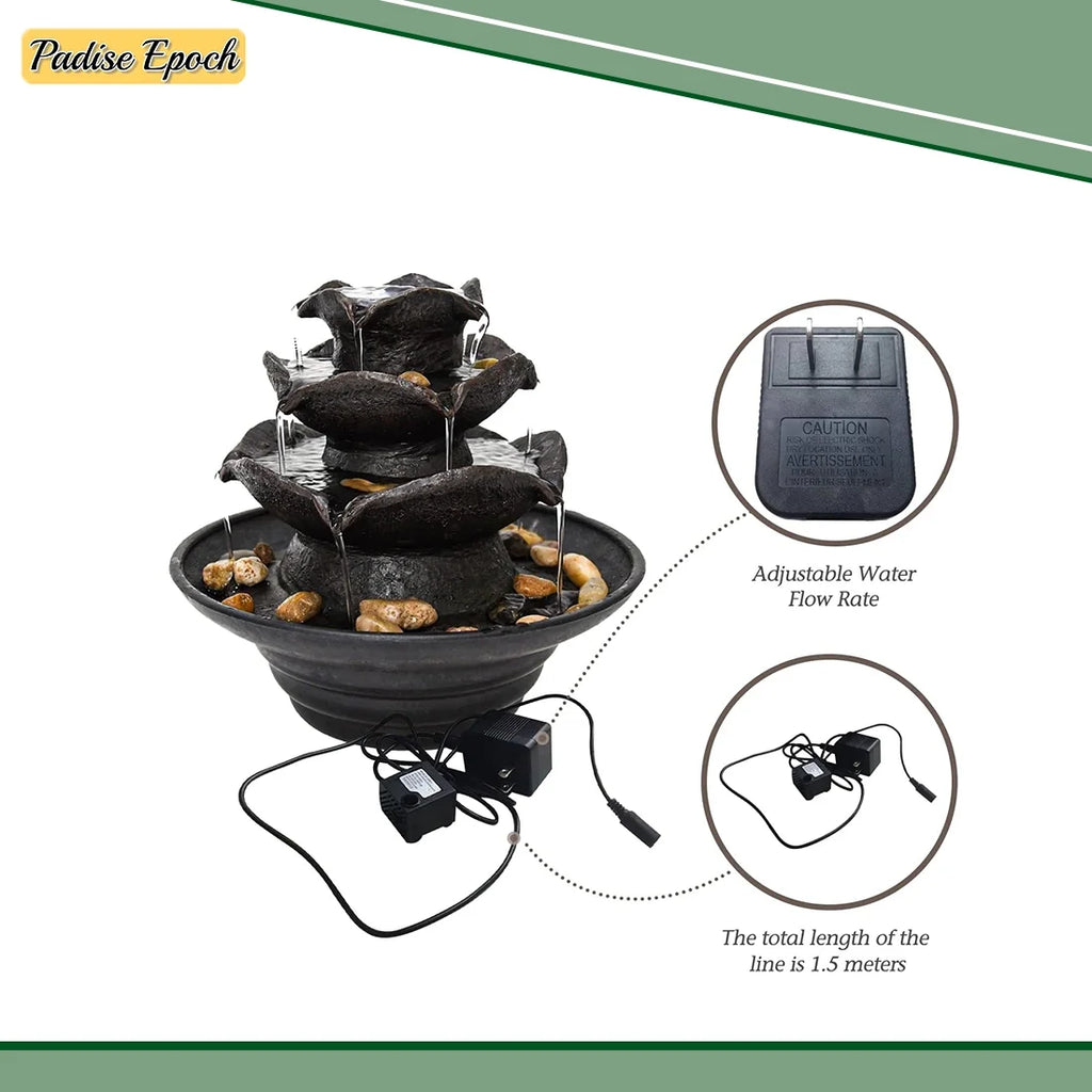 3 Tier Indoor Liquid Fountain with LED Lights Tabletop Fountain, Relaxation Tabletop Fountain, Mini Desktop Fluid Fountain for Living Room Bedroom (Includes Natural River Rocks)