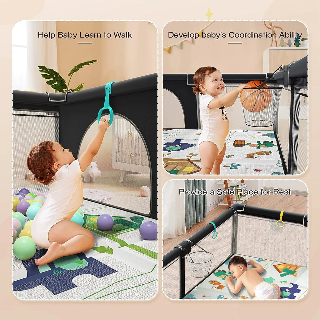 Upgraded 320D Washable Baby Playpen with Padding Mat; 6in1 Large Playpen for Toddlers; Sturdy & Safe Playpen with Padded Cotton Top Rod for Protecting Babies; Baby Play Yard with Zipper Gate