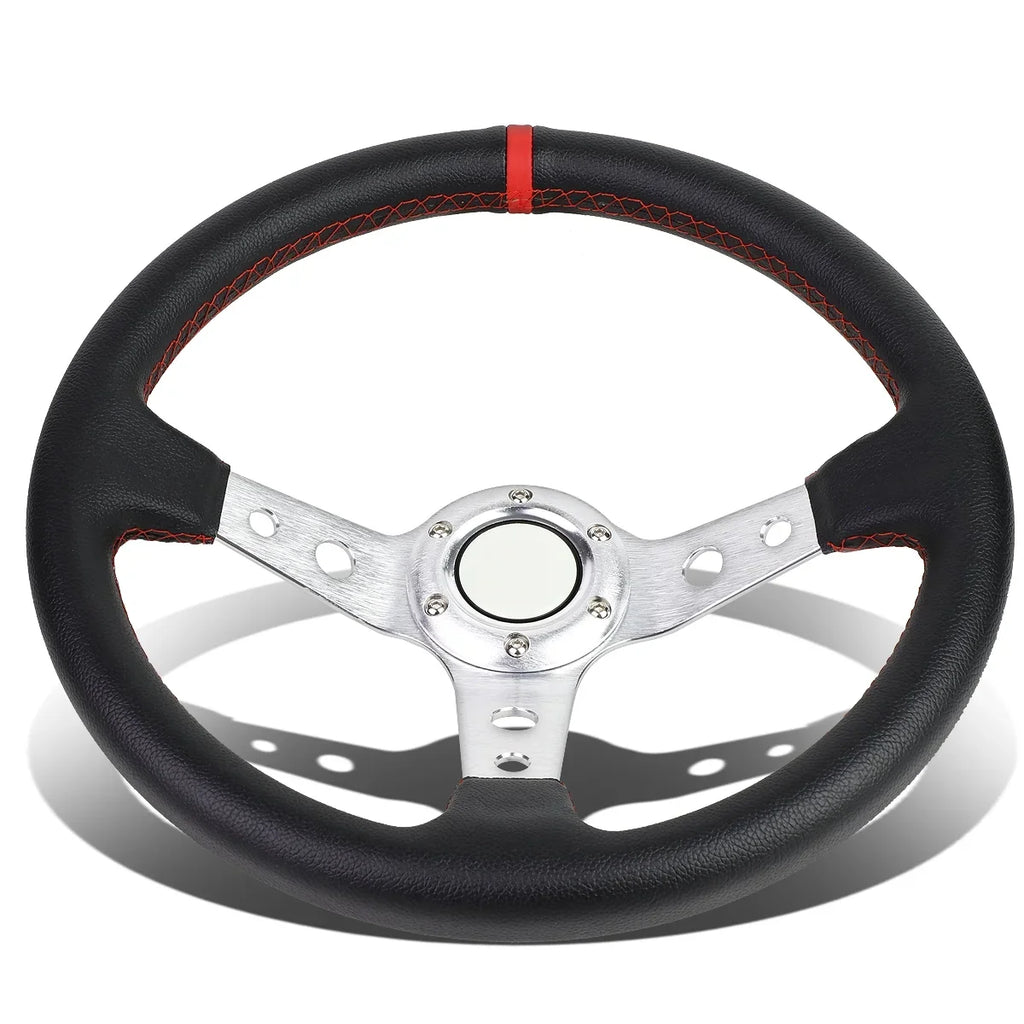 DNA Motoring SW-T520-SL-RD 350mm Silver 6-Bolt Spoke Red Stitched Leather Racing Steering Wheel