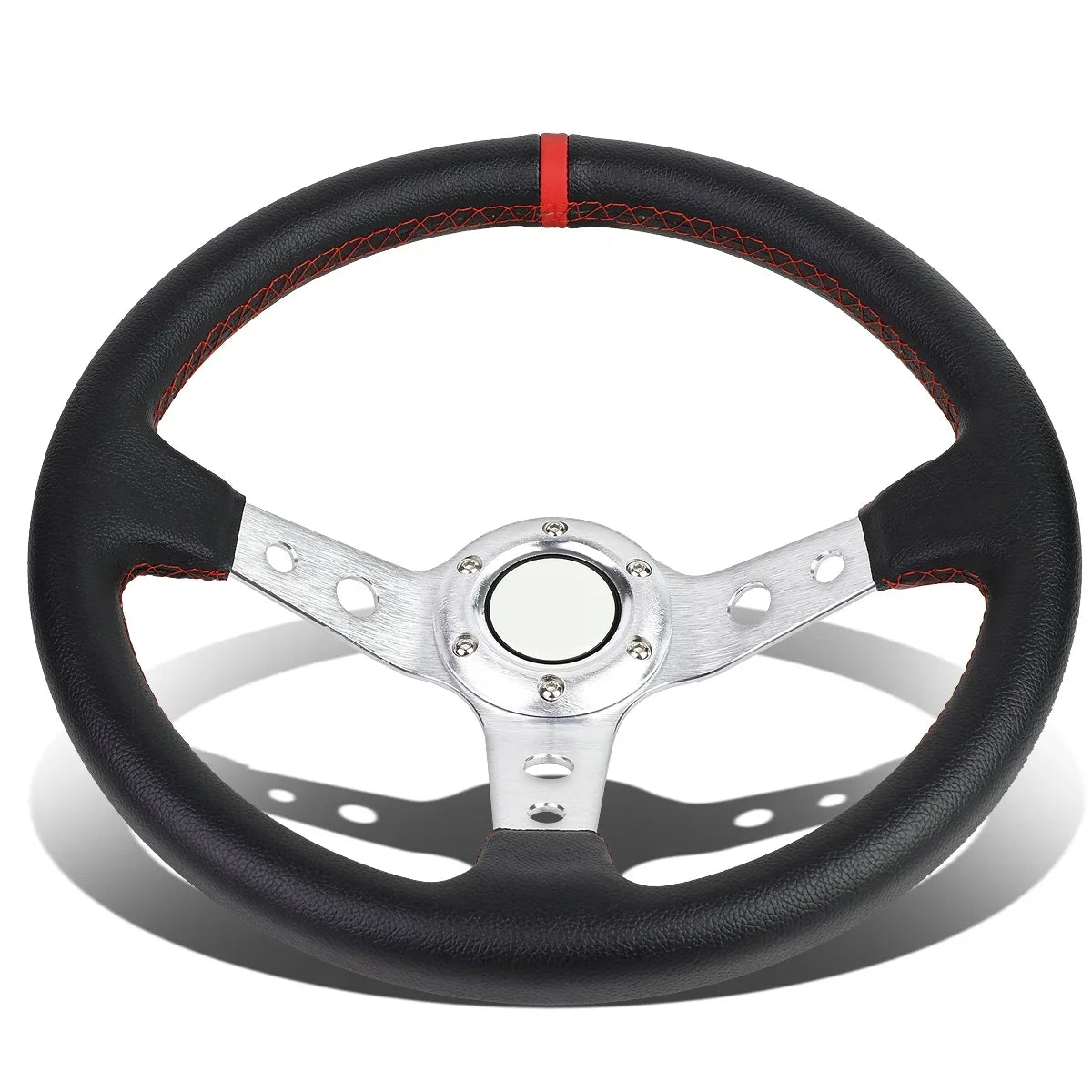 DNA Motoring SW-T520-SL-RD 350mm Silver 6-Bolt Spoke Red Stitched Leather Racing Steering Wheel