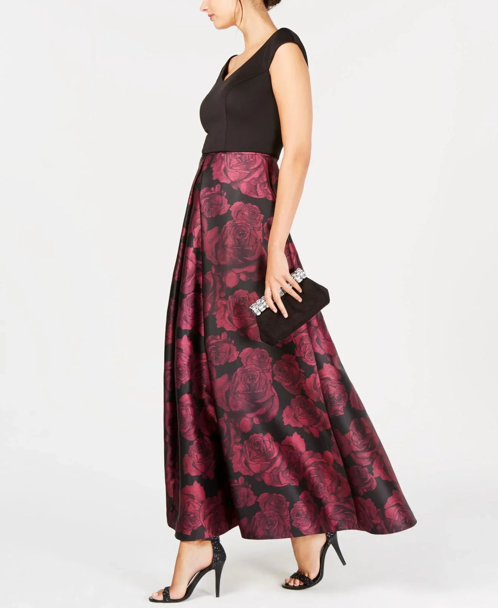 SL Fashions Women's Printed Satin Gown (6; Black/Magenta)
