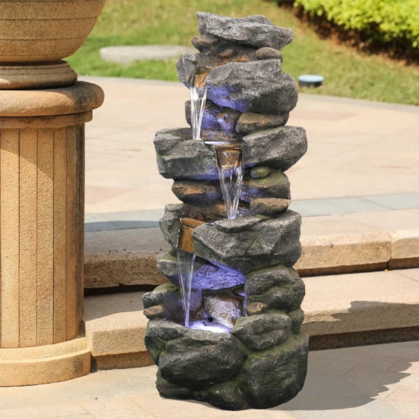 Fithood 40inches High Stacked Simulated Rock Fluid Fountain with LED Lights