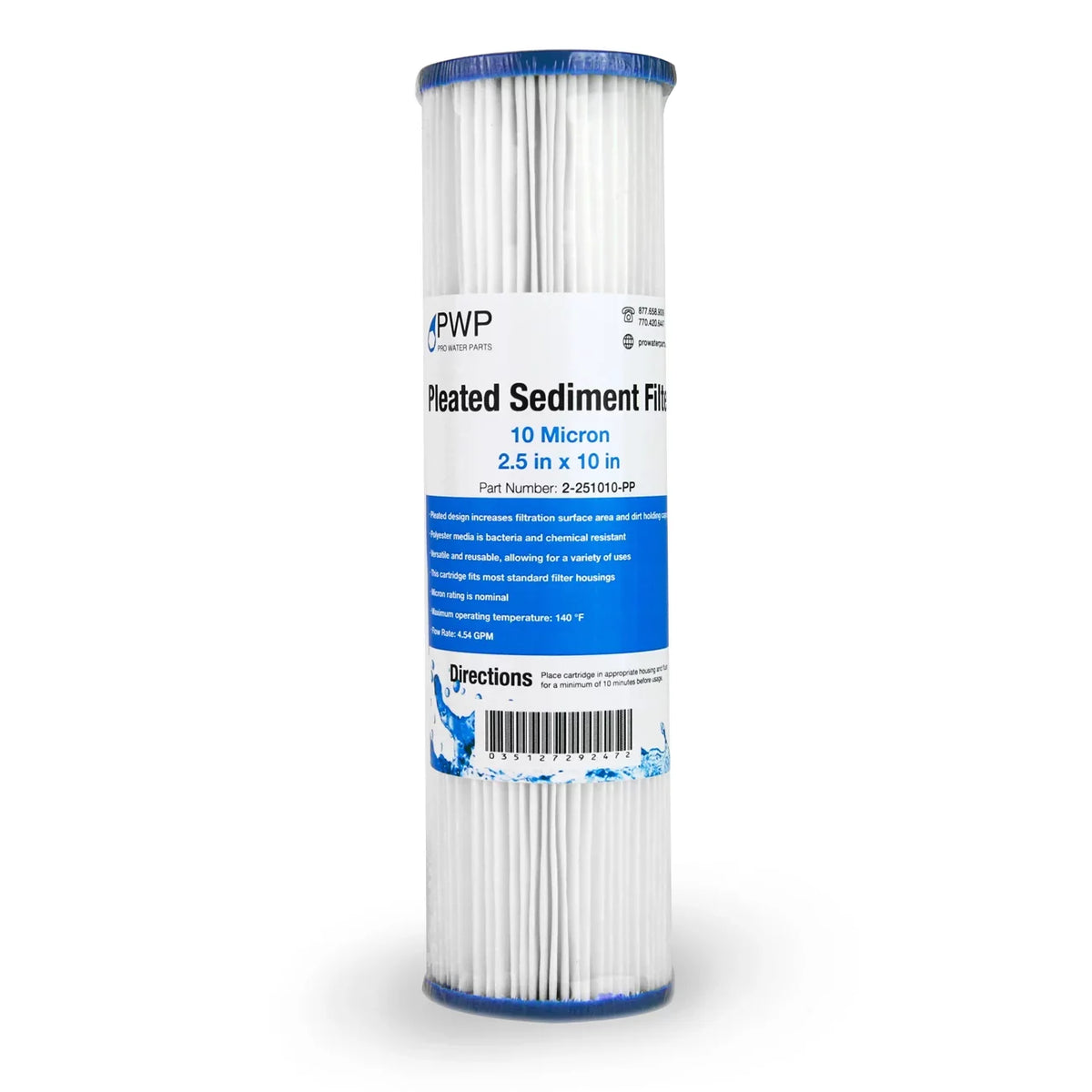 Pleated Polypropylene Fluid Filter Cartridge 2.5X10" 10 Micron 25 Pack