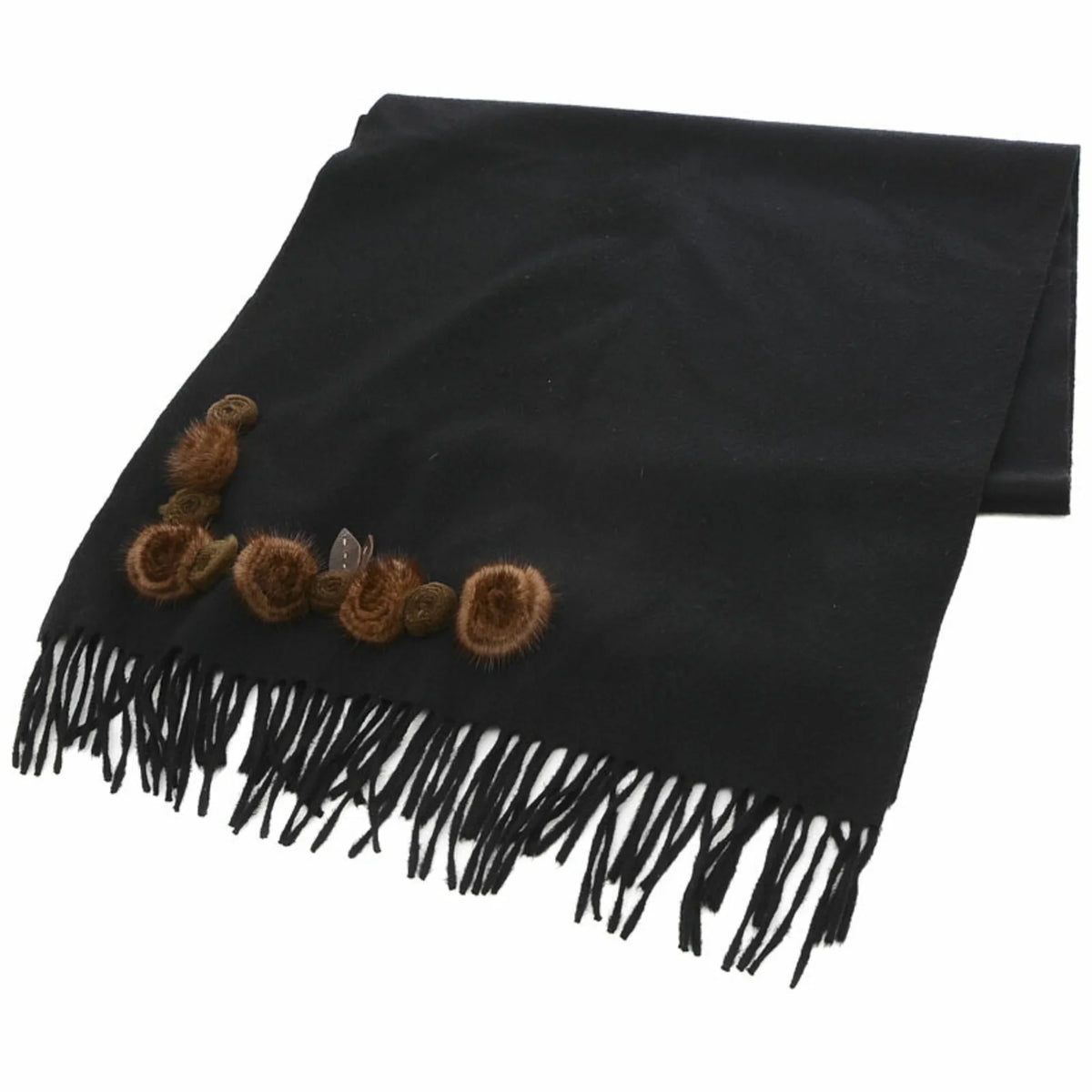 Pre-Owned Fendi Stole Scarf Flower Motif Black 100% Cashmere (Good)