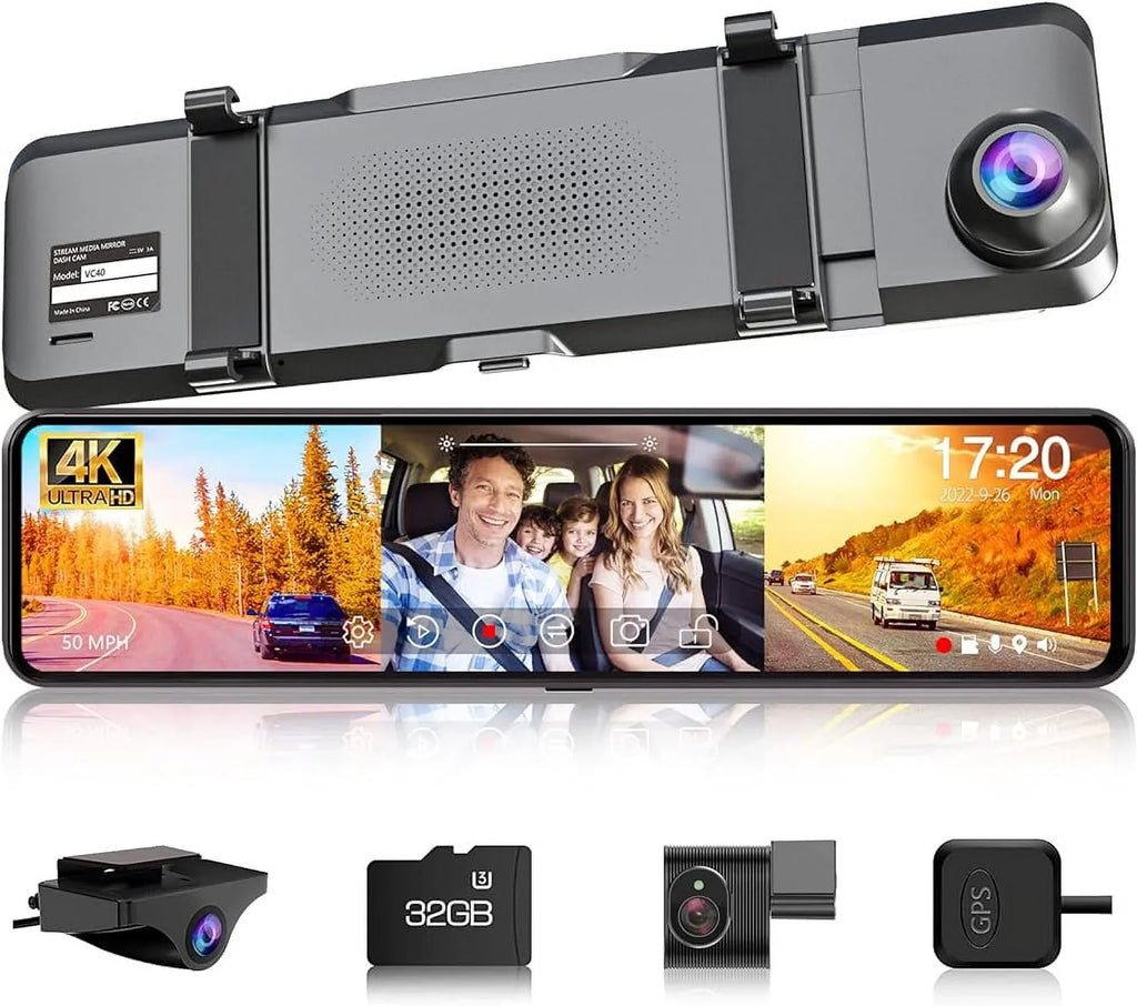 VVCAR 3 Channels Dash Cam 4K GPS 11" Touch Monitor Rear View Mirror Camera for Car Night Vision G-Sensor Parking Monitor 32GB Card