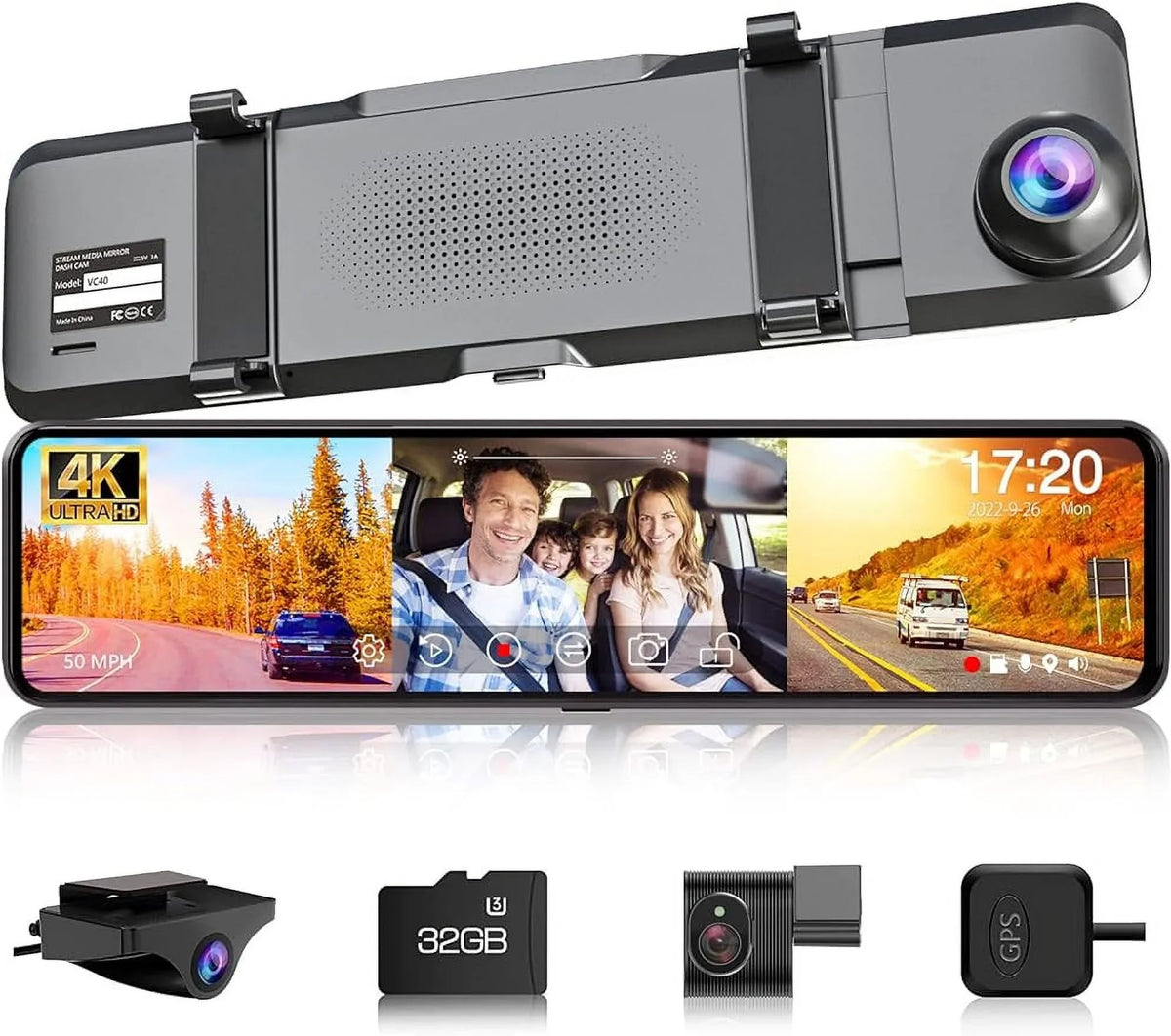 VVCAR 3 Channels Dash Cam 4K GPS 11" Touch Monitor Rear View Mirror Camera for Car Night Vision G-Sensor Parking Monitor 32GB Card