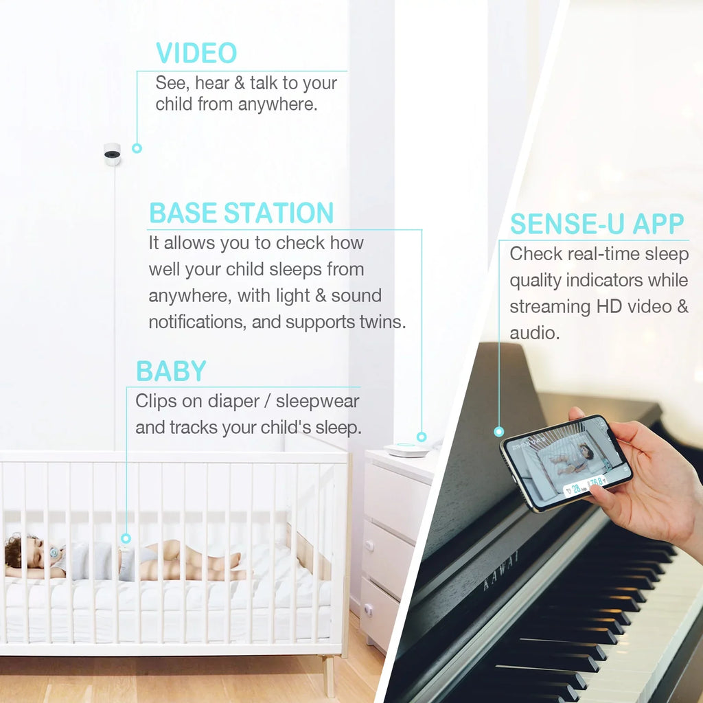 Sense-U Smart Baby Monitor 3+Camera; Audio; Video Baby Monitor That Notifies You for No Abdominal Movement; Rollover; High/Low Temperatures; Detected Motion; with Night Vision; 2-Way Talk; Long Range
