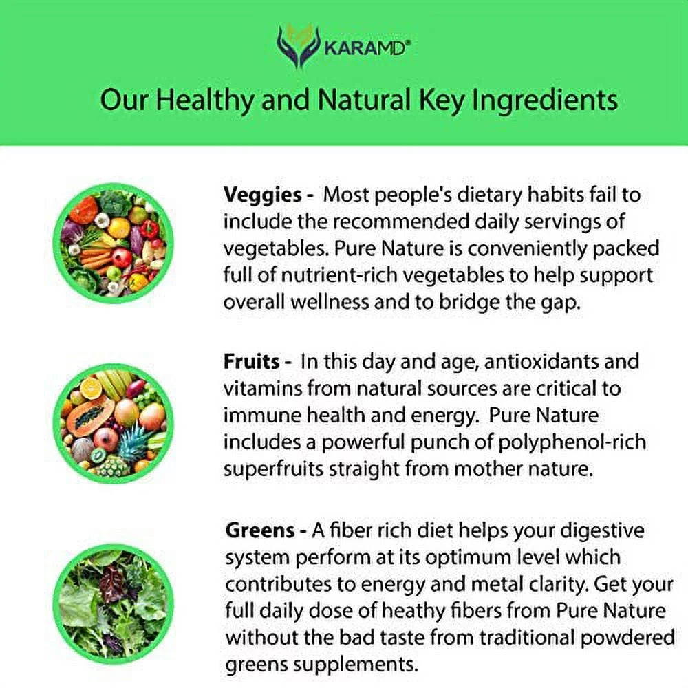 KaraMD Pure Nature | Dr Formulated Greens; Fruit & Vegetable Whole Food Health Supplement | Vitamins; Fiber & Antioxidant Superfood Nutrition | Natural Energy; Digestion & Immunity Boost; 120 Capsules