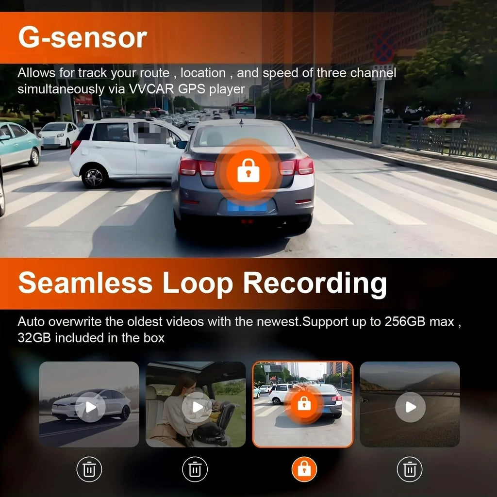 VVCAR 3 Channels Dash Cam 4K GPS 11" Touch Monitor Rear View Mirror Camera for Car Night Vision G-Sensor Parking Monitor 32GB Card