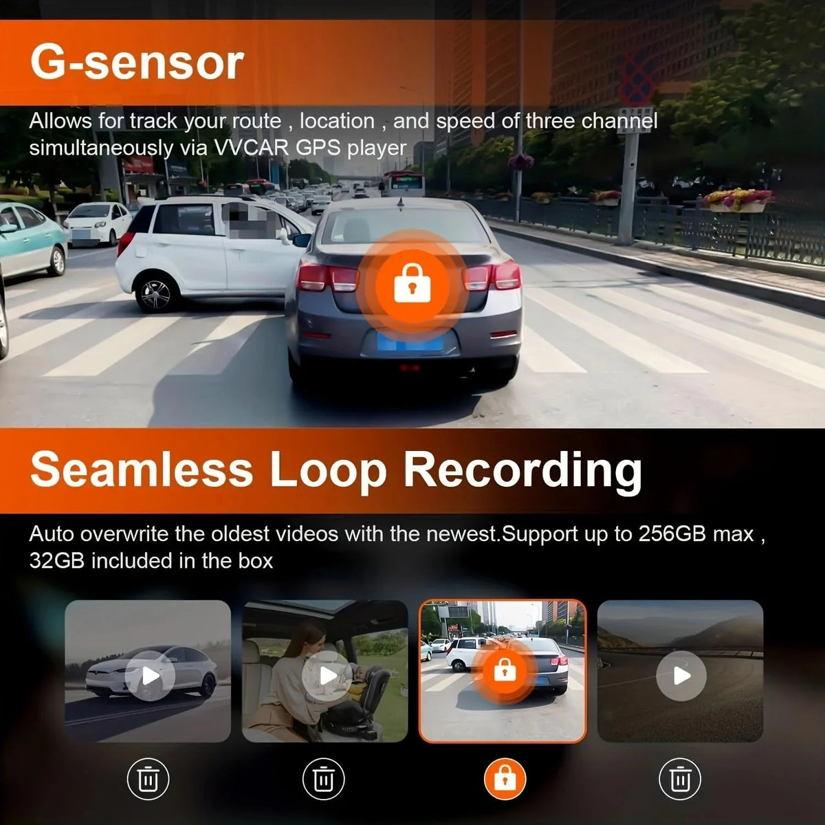 VVCAR 3 Channels Dash Cam 4K GPS 11" Touch Monitor Rear View Mirror Camera for Car Night Vision G-Sensor Parking Monitor 32GB Card