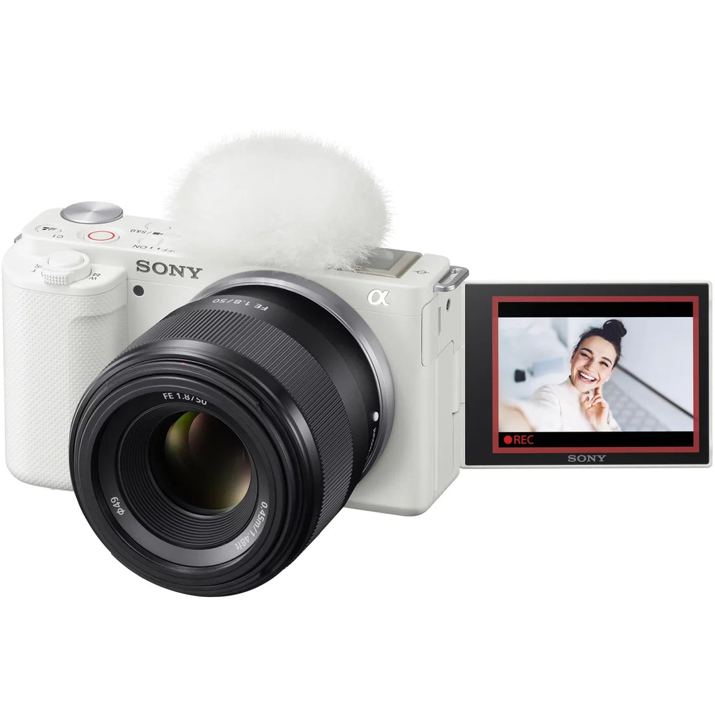 ZV-E10 Mirrorless Alpha APS-C Vlog Camera Body and 50mm F1.8 Large Aperture FE Lens SEL50F18F ILCZV-E10/W White Bundle with Deco Gear Case + Extra Battery + Photo Video Accessories Kit