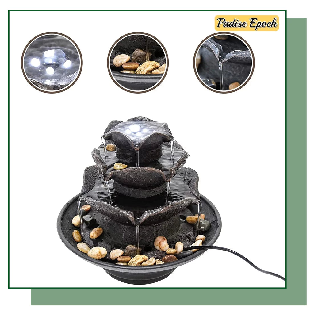 3 Tier Indoor Liquid Fountain with LED Lights Tabletop Fountain, Relaxation Tabletop Fountain, Mini Desktop Fluid Fountain for Living Room Bedroom (Includes Natural River Rocks)