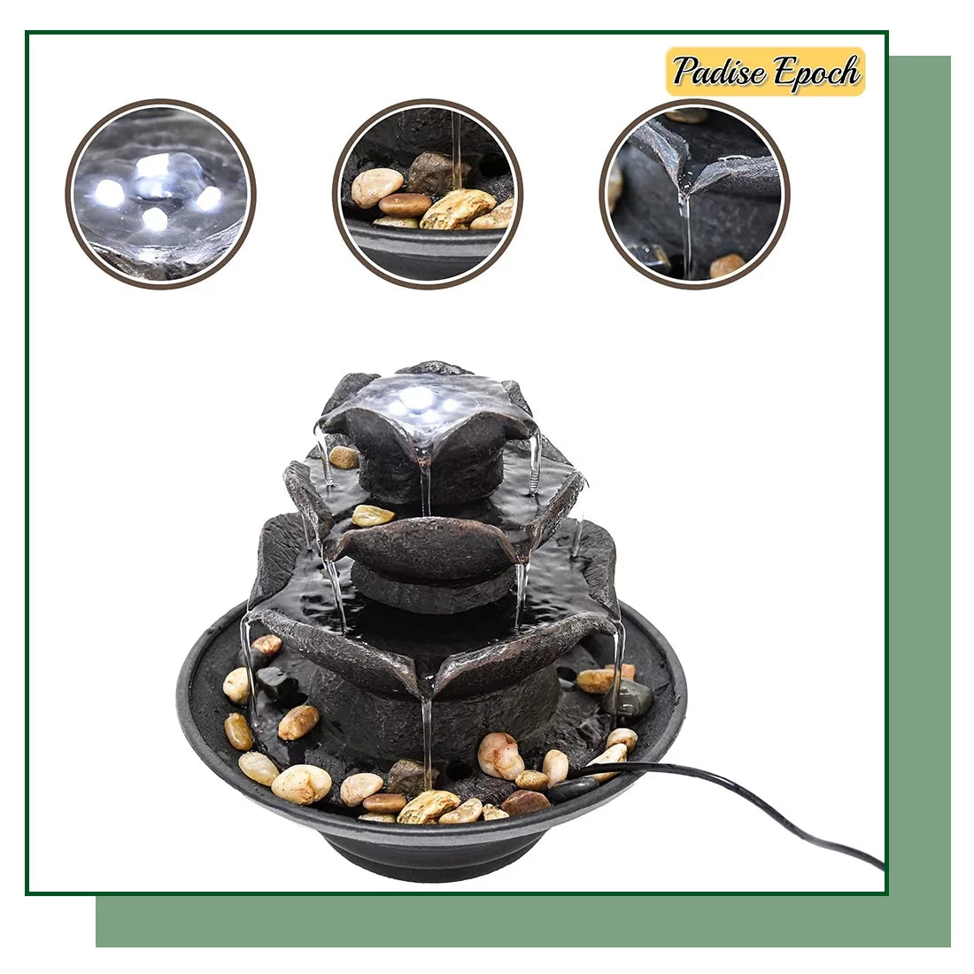 3 Tier Indoor Liquid Fountain with LED Lights Tabletop Fountain, Relaxation Tabletop Fountain, Mini Desktop Fluid Fountain for Living Room Bedroom (Includes Natural River Rocks)