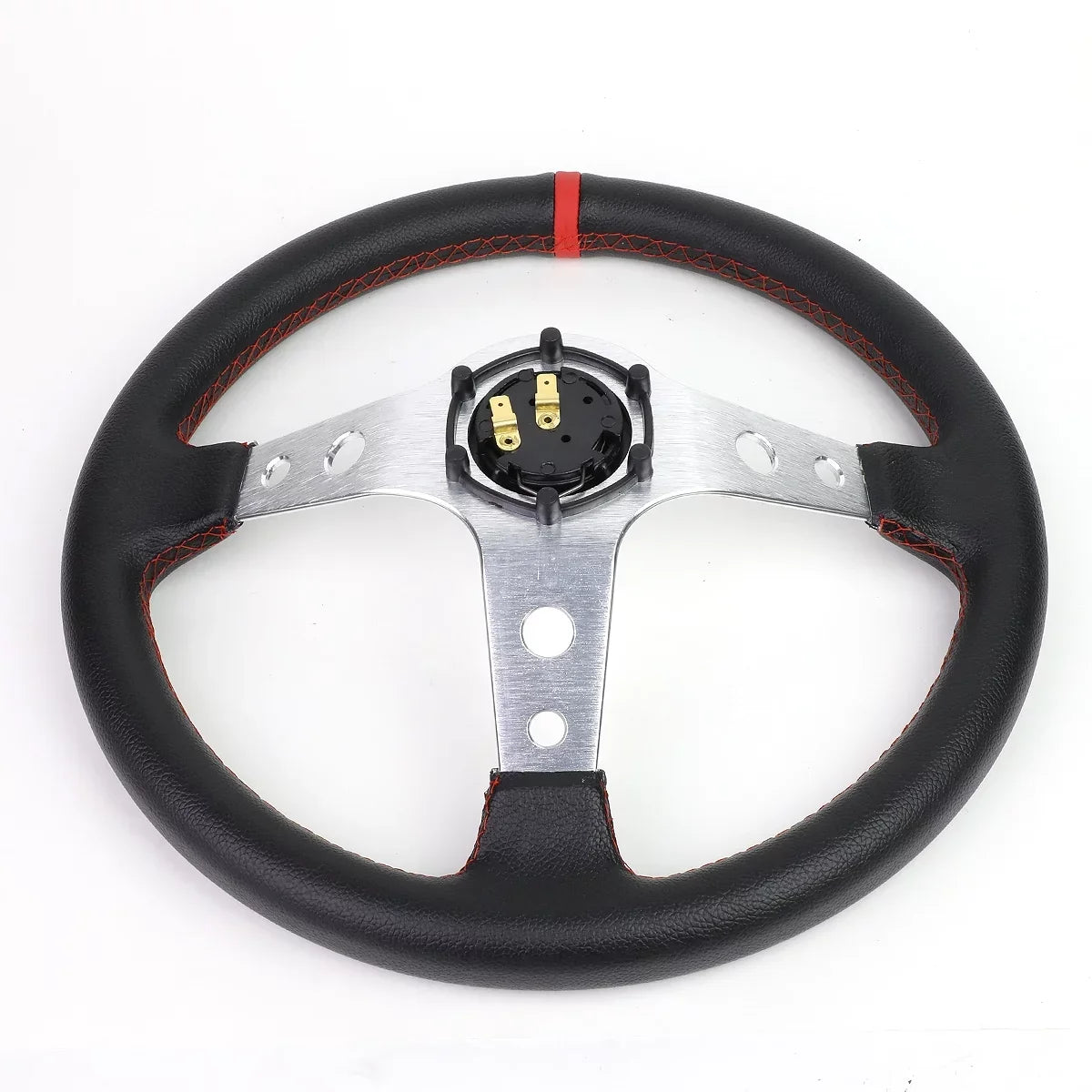 DNA Motoring SW-T520-SL-RD 350mm Silver 6-Bolt Spoke Red Stitched Leather Racing Steering Wheel