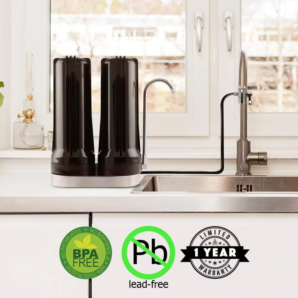 Dual Countertop Fluid Filter, Carbon and Mineral pH Alkaline Fluid Filter, Easy Install Faucet Liquid Filter - Reduces Heavy Metals, Bad Taste and Up to 99% of Chlorine - Black