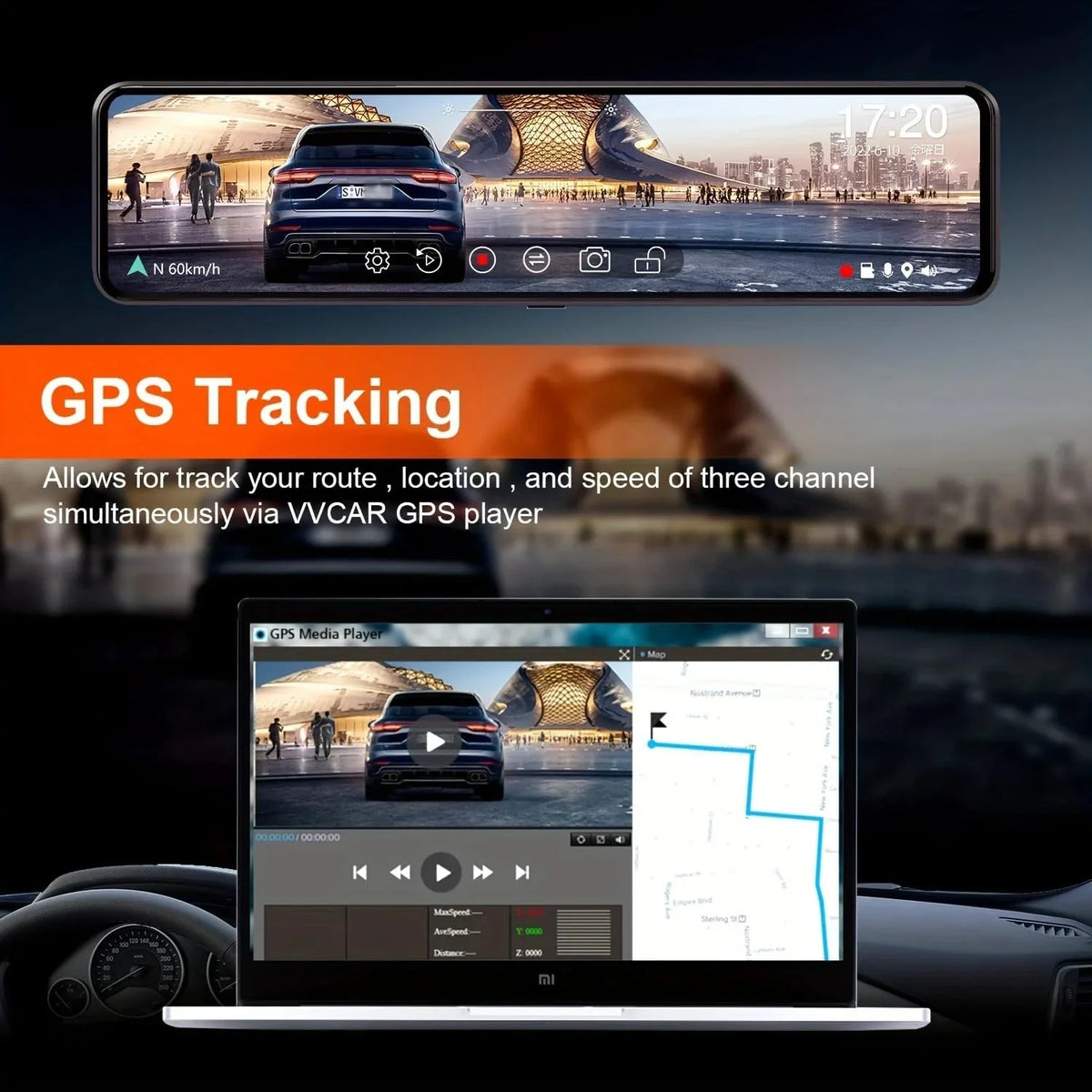 VVCAR 3 Channels Dash Cam 4K GPS 11" Touch Monitor Rear View Mirror Camera for Car Night Vision G-Sensor Parking Monitor 32GB Card