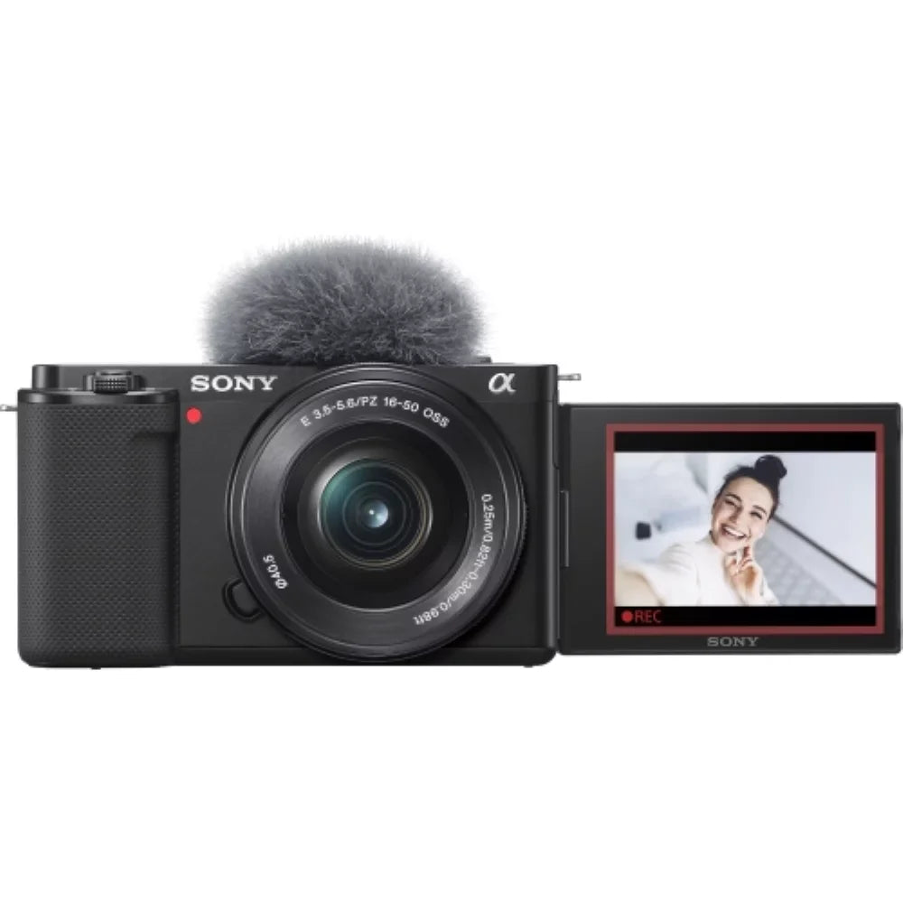 ZV-E10 Mirrorless Camera |16-50mm Lens (Black) Bundle with Transcend 64GB Memory Card + Flexible Tripod + Camera Bag + Cleaning Kit (5 Items)