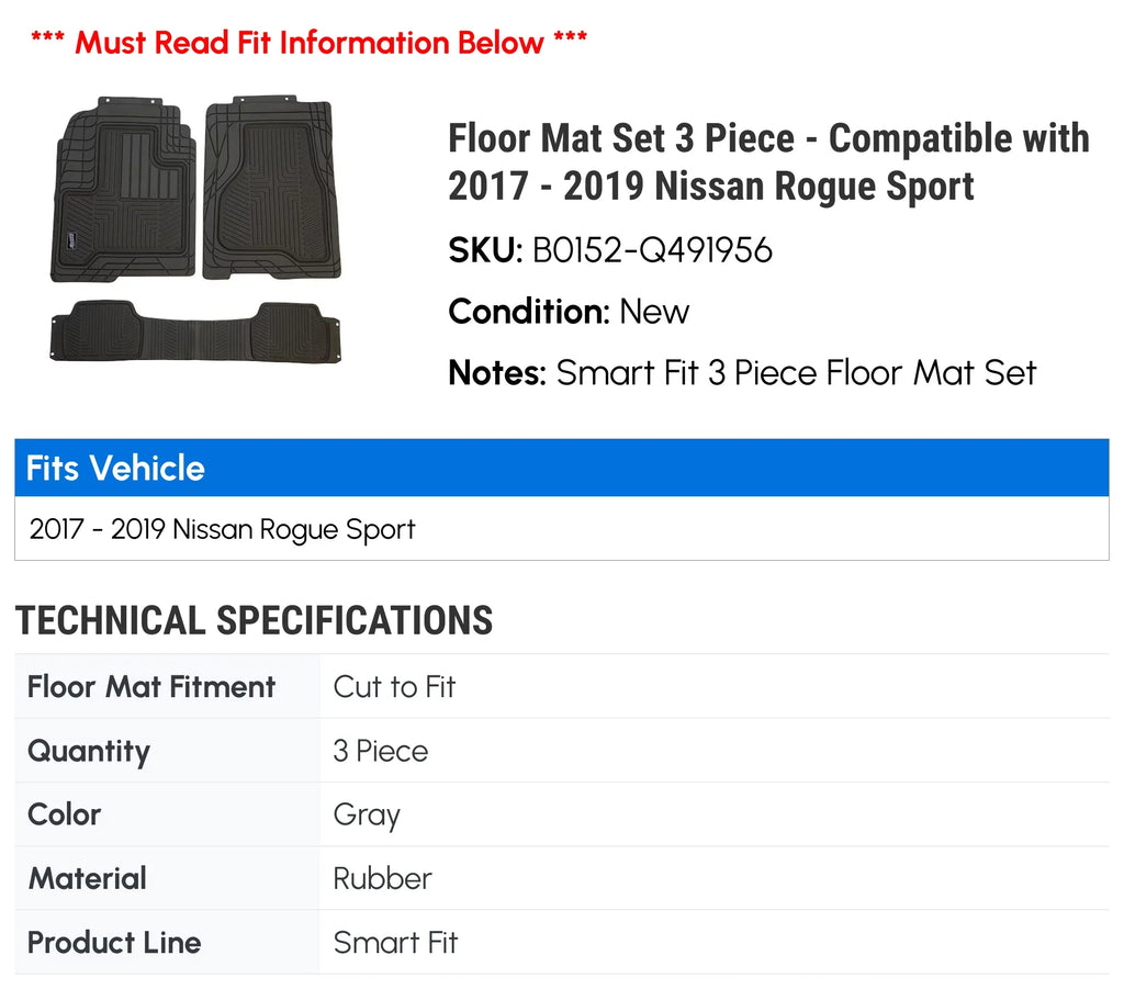 Floor Mat Set 3 Piece - Compatible with 2017 - 2019 Nissan Rogue Sport 2018