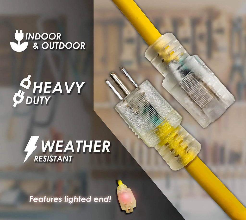 LifeSupplyUSA 100 ft Yellow Extension Cord - Long-lasting Outdoor & Indoor Use, 16 Gauge, 3 Prong, Lighted, Flexible, Oil & Abrasion Resistant, 10 AMP, 125V, 1250W, Smart Plug Compatible.