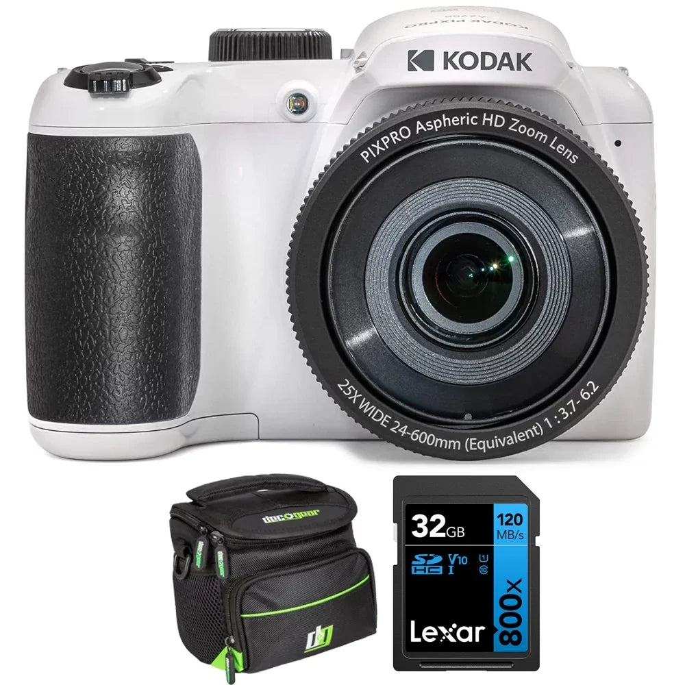 Kodak PIXPRO Astro Zoom AZ255-WH 16MP Digital Camera, 25X Optical Zoom, White Bundle with Lexar 32GB Capability 800x UHS-I SDHC Memory Card + Deco Photo Camera Bag